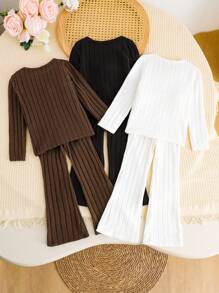 SHEIN LMoss Kids 6 件套少女罗纹针织喇叭裤套装，长款，买一送五，非常适合春秋季休闲日常穿着和上学日常，妈妈和女儿搭配，姐妹和我搭配