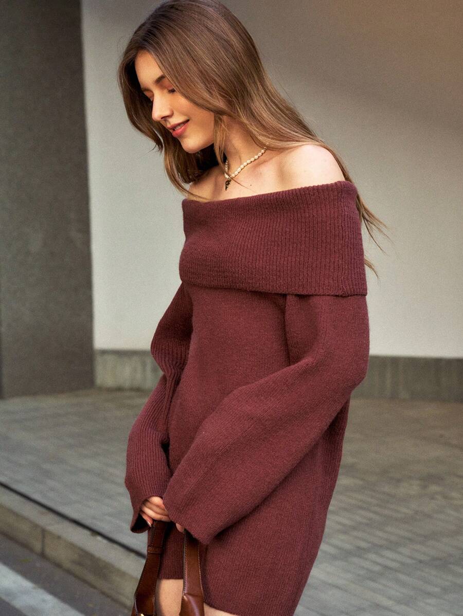 INAWLY Women's Solid Color Off-Shoulder Long Sleeve Loose Casual Knitted Sweater Dress, Autumn/Winter Fall Cloth For Women