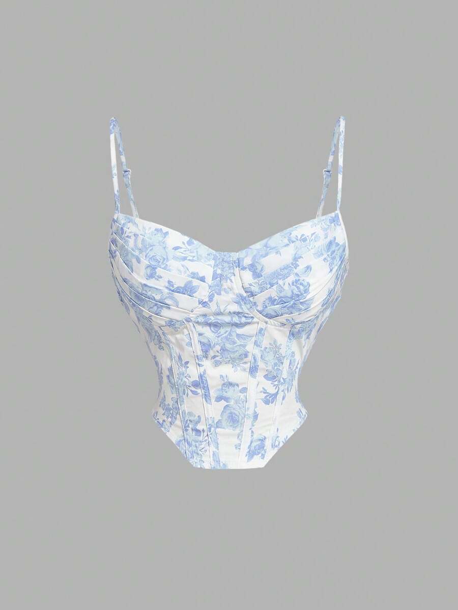 SHEIN MOD Women Blue & White Printed Ruffle Tie-Front Camisole Top, Summer Casual,Crop Tops,Valentine's Day - Blue and White - View 1