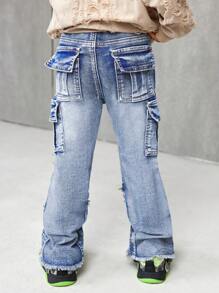 SHEIN Young Boy Fashionable Retro Design Distressed Vintage Washed Ripped Frayed Raw Edges Patchwork High Stretch Slim Fit Blue Jeans With Cargo Pocket,Leisure And Versatile For Kids Fall/Winter Outdoor Wear Clothes Outfits - Medium Wash - View 2