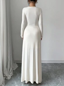 SHEIN PETITE 女士简约优雅扭纹前长袖连衣裙 - 白色 - 查看 2