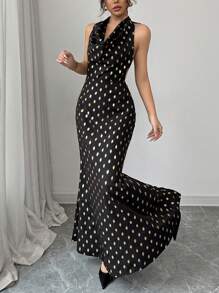 Chiquease Elegant Form-Fitting Draped Neck Tie Backless Hollow Out Side Invisible Zipper A-Line Woven Foil Polka Dot Dress For Women, Spring/Summer