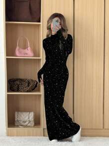 SHEIN EZwear Women's Starry Night Dress: Black Glitter Long Sleeve Maxi Dress,Prom Dress