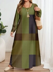 EMERY ROSE 大码休闲简约全印花长袖圆领连衣裙，适合秋冬季