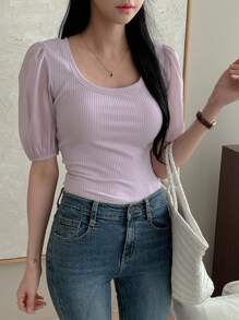 DAZY Damen Lanternärmel Figurbetontes Kurz-T-Shirt - Mauve - Übersicht 1