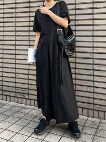 FRIFUL Women's Black Midi Dress, Round Neck Short Sleeve, Business Casual Summer Outfit