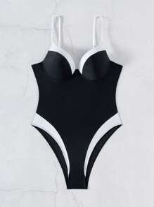 夏季 1 件纯色撞色时尚高开叉连体泳衣，带硬框钢圈 - 黑與白 - 查看 8