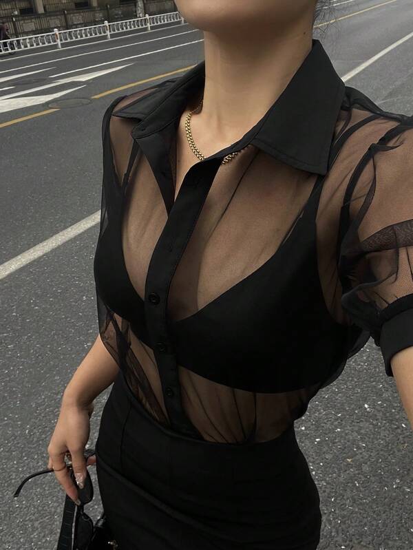 DAZY Bluză de cămașă cu mânecă scurtă din șifon, din plasă transparentă, minimalistă, pentru femei, business casual