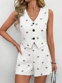 SHEIN LUNE Bộ 2 áo vest trắng in hình bướm ngày lễ tình nhân lãng mạn cho nữ và quần short, mùa xuân - trắng - Xem 2