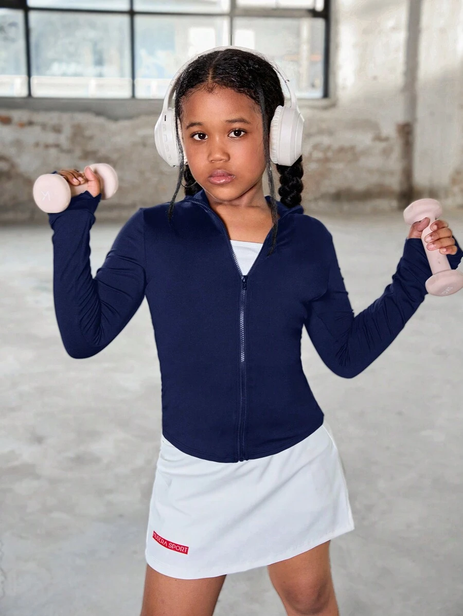 SHEIN Áo khoác thể thao dài tay bó sát màu trơn cho bé gái tuổi mới lớn, thường ngày/mặc ở nhà - Màu xanh hải quân - Xem 1