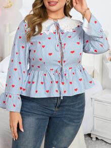 Franclia Blusa de mujer talla grande con cuello de encaje, lazo frontal y volantes con estampado de corazones para el Día de San Valentín