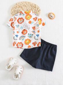 Cozy Pixies 2pcs Baby Boy Cartoon Animal Print Polo Collar Short Sleeve Cardigan & Elastic Waist Shorts Set - Multicolor - View 2