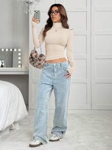 CovetEZ 杏色高领女式长袖修身 T 恤 - 杏色 - 查看 4