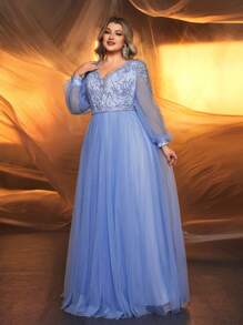 Glamrae Plus Size Elegant Romantic Light Blue Luxury Rhinestone Pearl Embroidery Decoration Mesh See-Through Long Sleeve Large A-Line Formal Dress, Suitable For Parties, Celebrations And Get-Togethers