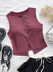 Soleia 女士紫红色针织提花圆领背心，蝴蝶纽扣装饰，侧开衩，女士圣诞服装，女士新年服装，冬季服装，女士生日上衣，女士西装，节日派对 - 紅色 - 查看 1