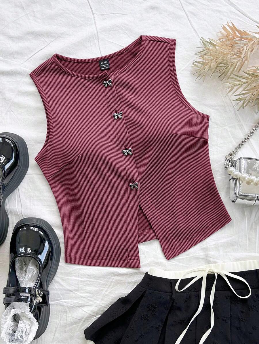 Soleia 女士紫红色针织提花圆领背心，蝴蝶纽扣装饰，侧开衩，女士圣诞服装，女士新年服装，冬季服装，女士生日上衣，女士西装，节日派对 - 紅色 - 查看 1