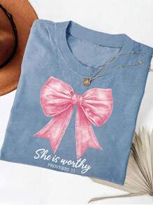 INAWLY 加大码 Comfort Colors® 基督教 T 恤，粉色蝴蝶结信仰衬衫，圣经诗句印花，女性基督教礼物，女士服装，宽松圆领图案 T 恤