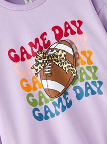 青少年女孩两件套，包括休闲字母和足球印花运动衫和松紧腰裤，秋冬 - 紫色 - 查看 3