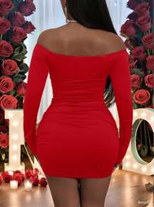 Slaydiva 新年秋冬性感修身无袖连衣裙，金属装饰，开领长袖，女士，黑色，情人节 - 紅色 - 查看 2