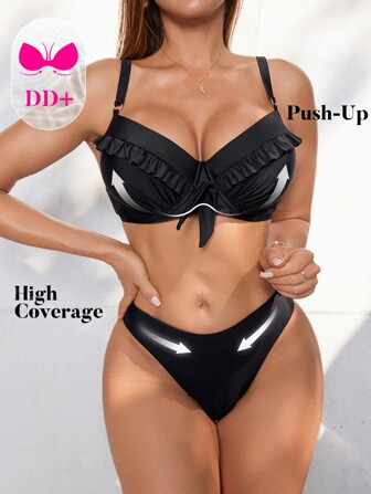 Swim DD+ 夏季单件女士休闲度假风格吊带软杯钢圈荷叶边露背纯色比基尼泳装