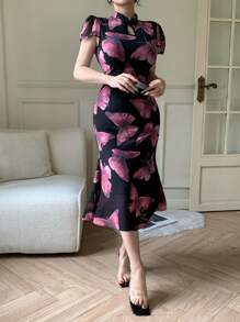 DAZY Chinese Style Floral Print Stand Collar Mid-Long Dress For Women, Festival/Valentine's Day Prom Dress Elegant Women Dresses - Pink - View 9