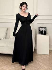 DAZY Women's Elegant Solid Color Waist Cinched Dress,Casual Women Dresses,Fall Clothes - Black - View 4