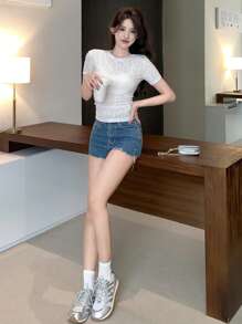 DAZY 休闲简约纯色纹理刺绣短袖T恤夏季 - 白色 - 查看 5