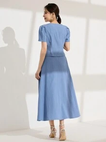 Modelyn 2pcs/Set Women Solid Color Single-Breasted Short Puff Sleeve Blouse & A-Line Skirt Set - Blue - View 5