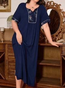 SHEIN Váy midi dài tay họa tiết Paisley chắp vá tối giản cổ chữ V mềm mại, dáng rộng cho nữ cỡ lớn, Moo Moo - Màu xanh hải quân - Xem 1