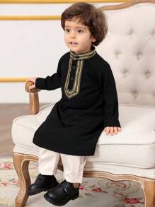 Baby Boys 2pcs Black Long Sleeve Top With Ribbon Decor And Long Pants Set - Multicolor - View 6