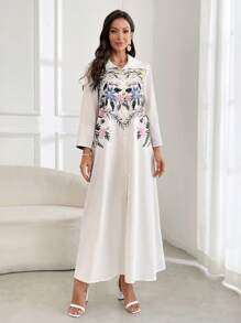 Al Najma 女式花卉印花单排扣七分袖宽松阿拉伯风格连衣裙，端庄 - 藍色 - 查看 3