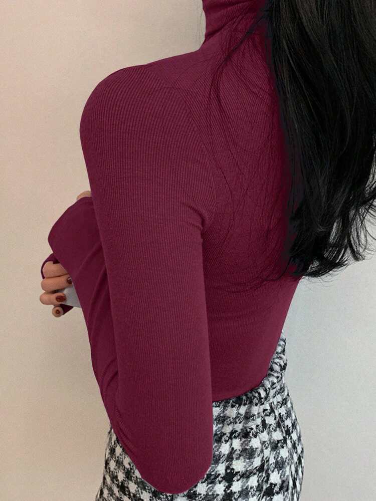 Women High Neck Slim Fit Casual Basic T-Shirt, Solid Color, Minimalist Style,Fall Clothes,Back To School Clothes Long Sleeve Women Tops