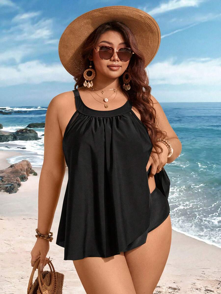 SHEIN Swim Plus Size Women 2pcs Solid Color Mesh Patchwork Tummy Slimming Casual Vacation Tankini Swimwear For Summer Beach Vacation - Black - View 1