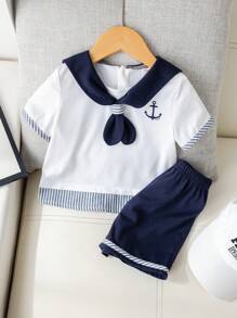 2pcs/Set Baby Boy Colorblock Sailor Collar Short Sleeve Top And Elastic Waist Shorts Set