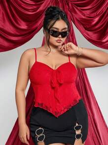 SHEIN ICON Plus Size Red Ruched Bust Front Tie Bow Camisole, Ideal For Valentine's Day Outfit