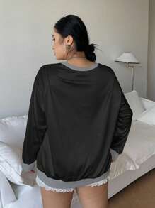 POPSWAY Plus Size Women Satin Contrast Color Numeric Print V-Neck Casual Sweatshirt, Autumn/Winter Pullover Fall - Black - View 2