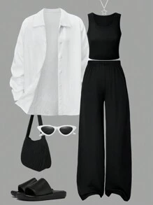 Sparklyn 3 件装 Tween Girl 轻质防紫外线长袖衬衫，搭配吊带背心和长裤，休闲舒适的春夏季服装 - 白色 - 查看 4