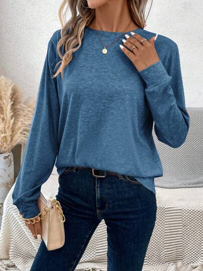 SHEIN LUNE Plus Size Women's Casual Blue Round Neck Long Sleeve T-Shirt Holiday Outfit