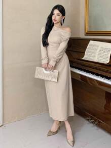 DAZY Women's Solid Color Wrap Bodycon Dress, Spring/Summer,Fall Clothes Long Sleeve Dress - Apricot - View 3