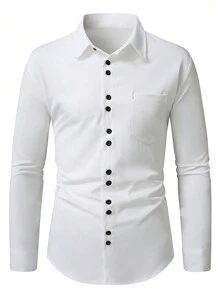 Manfinity Mode Camisa informal de manga larga de doble botonadura con bolsillo para hombre
