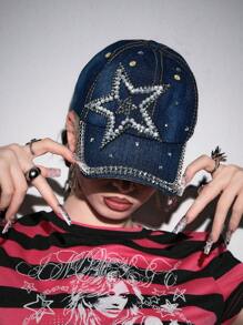 ROMWE Grunge Punk 1 件水钻棒球帽，Y2K 风格星星图案帽，休闲设计的 Snapback 帽子，时尚日常个性化风格单品