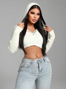 Zolique Women's Sweaters, Women's Tops, Knitted Long Sleeves, White Hooded Cropped Style, Big Hat Sweater, Sexy, Slim Fit, Friend Gathering, Casual And Comfortable, Basic Travel Party, Autumn And Winter, Winter And Spring, All Season Women's Fall Sweater - White - View 1