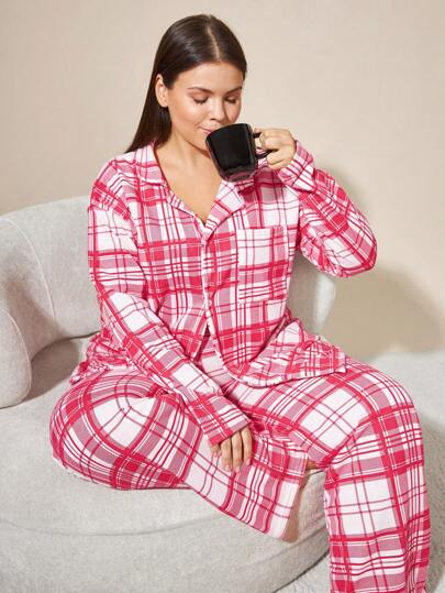 EURMUSE 2Pcs Plus Size Cotton Button Front Plaid Pattern PJ Set