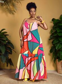 Slaydiva Plus Size Women Sleeveless Loose Dress With Bright Geometric Abstract Print,Beach Dress Sundress,Holiday Outfits Boho - Multicolor - View 4