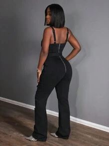 Slaydiva Fashionable Distressed Slim-Fit Denim Jumpsuit - Black - View 2