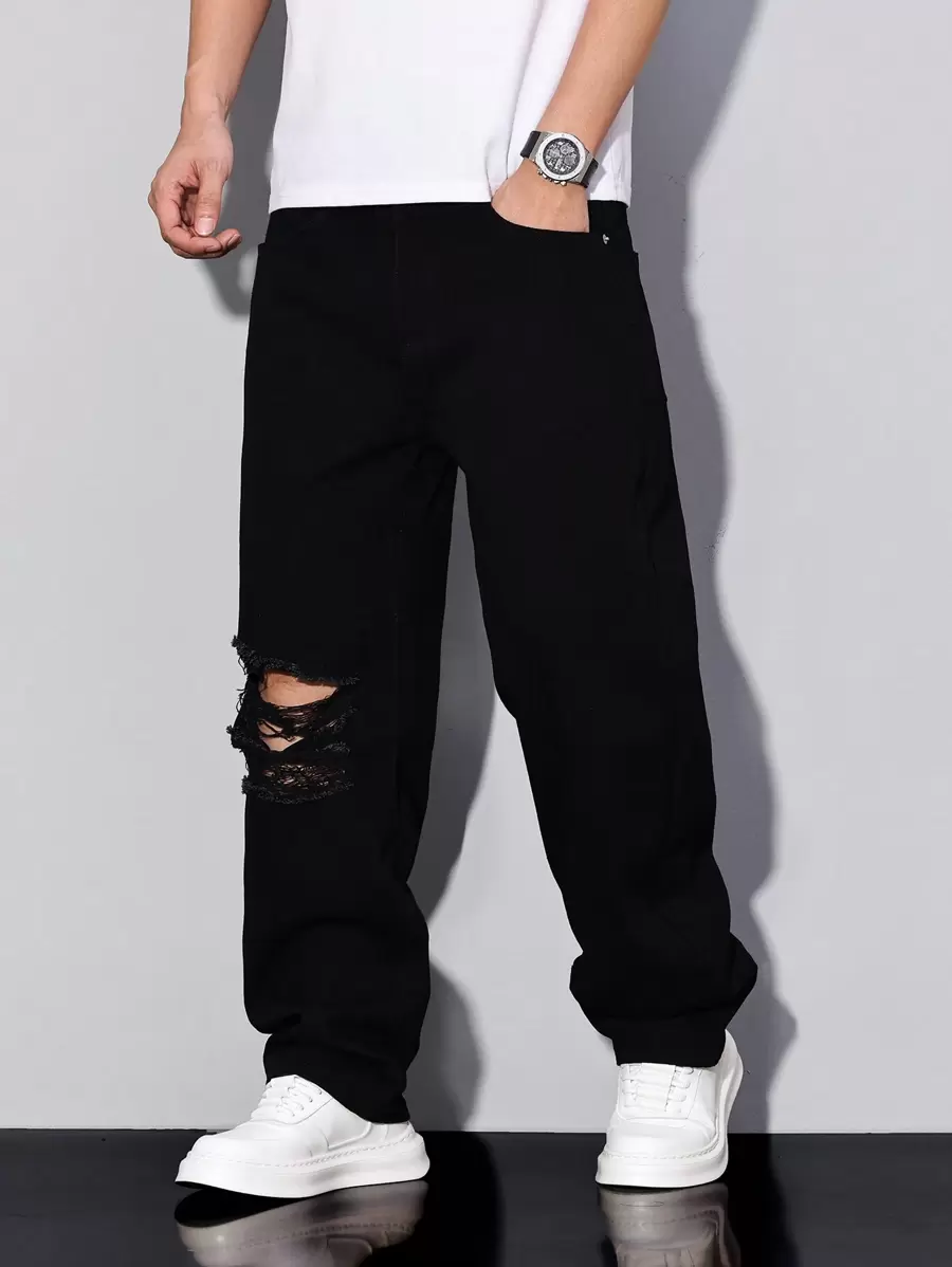 Manfinity Homme Pantalones vaqueros de mezclilla casuales y sencillos para hombres, para uso diario, pantalones de chándal holgados y rotos, jeans negros rotos para hombres, jeans rotos y holgados para hombres, pantalones casuales rectos y sueltos para hombres para salir, estilo grunge - Negro - Ver 1