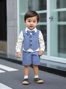 SHEIN Baby Boy Adorable Yet Elegant Gentlemanly Style, This & Boy's Waistcoat With Bowknot And Shorts Outfit Set Radiates A Lively And Fashionable Look, As If Directly Transported From A Dreamland
