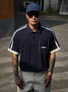 DAZY Camiseta polo de hombre de verano con bloqueo de color y estampado de letras, color marino - Azul Marino - Ver 3