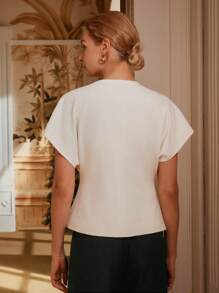 Anewsta Elaire Elegant White Metal Button Short Sleeved Shirt For Women Old Money - Beige - View 5