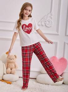 SHEIN Tween Girl Simple Heart Graphic Round Neck Short Sleeve T-Shirt And Plaid Print Lounge Pants 2 Pieces Comfortable Sleepwear Set - Pink - View 3